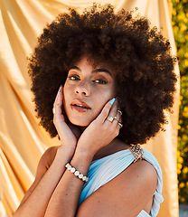 Image showing Summer, fashion and portrait of black woman in garden with natural beauty, cosmetics and makeup on face. Skincare, wellness and girl with yellow fabric or silk sheet outdoors and designer jewellery