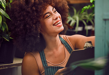 Image showing Plants, florist and woman, clipboard and quality control, checklist and inventory management in eco friendly market, shop and store. Small business owner, gardening and check flowers in retail seller