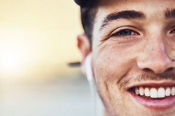 Image showing Man, face or music earphones in city or vision ideas, innovation inspiration or humanity eyes on Canada mockup space. Portrait, smile or happy student listening to radio, relax podcast or media audio