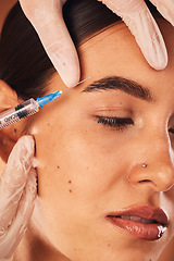 Image showing Injection, hands and woman in beauty procedure for skincare, change and collagen filler, calm and content. Plastic surgery, girl and hand of surgeon with needle for treatment, lift and makeover.