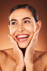 Image showing Skincare, beauty and woman, tongue out and face, natural makeup and cosmetics, wellness and self care on studio background. Happy model, smile and clean teeth whitening, aesthetics and healthy skin