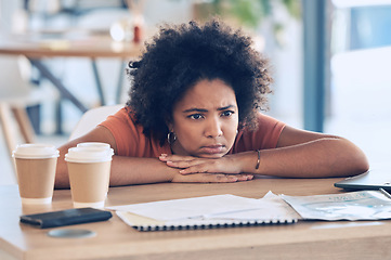 Image showing Tired, lazy and frustrated black woman, business stress and burnout at office desk, workplace and fail. Angry, depression and bored employee, mental health and anxiety problem, fatigue and sad worker