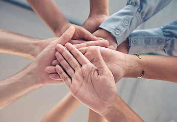 Image showing Teamwork, support and stack of business people hands working together in corporate office. Community, trust and close up of hand of workers in circle for collaboration, motivation and team building