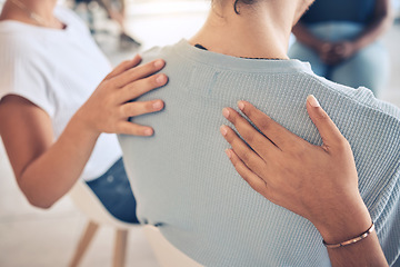 Image showing Hands, mental health and support in group therapy for woman suffering depression, stress and trauma closeup. Hand, people and aa meeting by community in trust, help and empathy for girl with anxiety