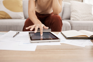 Image showing Woman, budget with paper and tablet in home to review financial or online investment contract. Internet planning, advisory consultant or research on startup investor portfolio or sale report in house