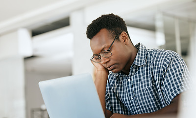 Image showing Burnout, depression and black man at work laptop with deadline, email and report at engineer workplace. Fatigue, tired and thinking engineering employee unhappy working at office with problem.