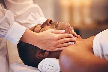 Image showing Senior man, spa massage and head for facial at salon for skincare, relax and wellness on table with hands of therapist. Client getting luxury treatment at resort for health, physical therapy and body