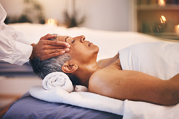 Image showing Hands, old woman and head massage at spa for wellness, relax and stress relief. Luxury, zen and peace with elderly female on table with masseuse for physical therapy, skincare or facial treatment.