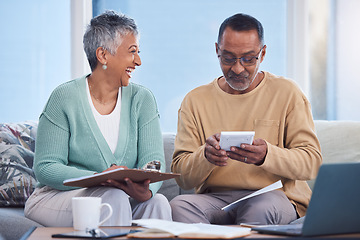 Image showing Budget, planning and senior couple on sofa paying debt, mortgage or bills together at home. Happy elderly man and woman with laptop, calculator and checklist to plan retirement, pension and savings.