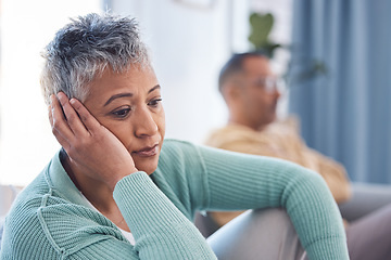 Image showing Depression, divorce and senior couple with marriage problem, mental health risk and home stress or anxiety in living room. Thinking, sad and depressed elderly or old woman with partner for counseling