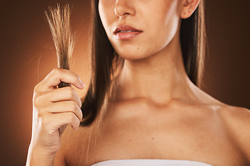 Image showing Hair problem, fail and woman stress with damaged hair, split ends or bad haircut. Trichology crisis, hair disaster and model unhappy with hair loss or damage from shampoo routine on studio background