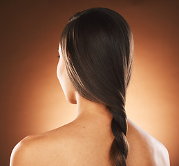 Image showing Back view, hair braid and studio woman, beauty salon and cosmetics for hair style, hairdresser and brunette color dye. Hair care, fashion and plait hairstyle of girl model, texture and healthy shine