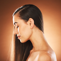 Image showing Hair, woman and face profile for beauty skincare wellness, relax hair care and salon spa cosmetics in studio. Model happiness, closed eyes and natural facial skin glow or luxury hair keratin shine