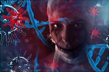 Image showing Horrible portrait of a sick woman on coronavirus background