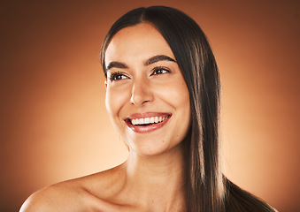 Image showing Skincare, beauty and face of woman with smile in studio on brown background for spa, wellness and cosmetics. Makeup, dermatology and happy girl for beauty products, skincare products and body care