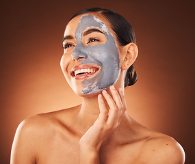 Image showing Beauty, face mask and facial with skincare and woman, happy in cosmetic advertising against studio background. Skin, glow and natural cosmetics, charcoal mask with clean and hygiene with hydration.