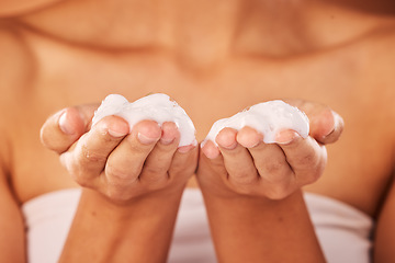 Image showing Beauty, skincare with woman and hands with soap or cream in facial zoom, body treatment and moisturizer for healthy skin. Cosmetic product, grooming and hygiene with foam or lotion close up.