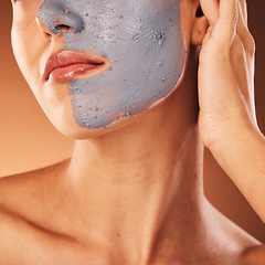 Image showing Facial mask, skincare and beauty of a woman face doing self care, health and wellness for skin. Face cleaning, dermatology and relax cosmetic cream of a model doing luxury clay product treatment