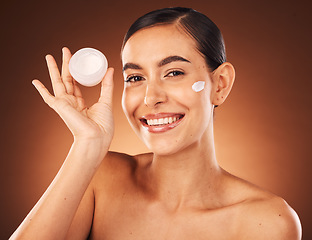 Image showing Cream, skincare and beauty woman in studio portrait for cosmetics product promotion, marketing and advertising. Model headshot or face for skin care serum glow or shine results in dermatology mockup