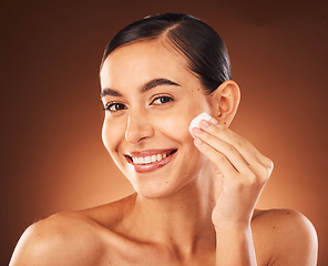Image showing Beauty portrait, skincare and cotton pad of a woman cleaning face for healthy skin glow and wellness. Cosmetics, facial wash and self care of a model doing dermatology, body care and morning routine