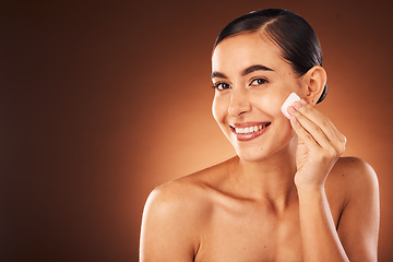 Image showing Beauty, skincare and cotton pad of a woman face portrait with makeup remover and facial. Cosmetics, self care and wellness of dermatology, skin glow and happiness of a model with cosmetic product