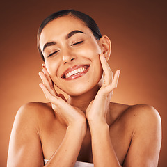 Image showing Beauty, face and skincare with smile on woman for natural cosmetics and glow against studio background. Facial, treatment and make up with skin care mock up for healthy skin wellness and cosmetic.