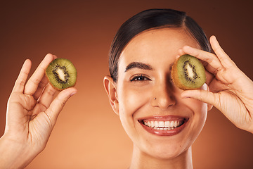 Image showing Skincare, beauty and portrait of woman with kiwi for natural, organic and natural beauty product for skin. Luxury spa, wellness and face of girl with fruit for cosmetics, facial and skincare products