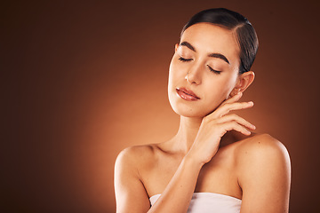 Image showing Woman, face and skincare beauty with closed eyes for spa cosmetics wellness, luxury makeup and body care cosmetology in studio. Young model, natural facial care and skin glow or dermatology headshot