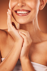 Image showing Lips, teeth and skincare woman in studio for dental, cosmetics and aesthetic botox, surgery or wellness in studio zoom. Happy, beauty and skin care model in lipstick shine, glow and dermatology smile