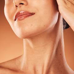 Image showing Lips, zoom and woman in a studio with beauty cosmetics, lipstick makeup or dermatology skincare products. Lip gloss, mouth and healthy model with clean or glowing face after self care or self love