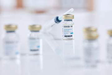 Image showing Background, covid vaccine and injection, vial bottle and medicine for innovation and research with science product in hospital lab. Needle, corona virus safety in healthcare development for clinic