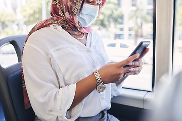 Image showing Covid, transport and smartphone of woman on social media chat, search for news information and reading bus compliance rules. Traffic, travel and muslim girl in face mask using phone for online update