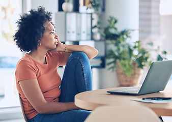 Image showing Stress, remote work and black woman with laptop, office and frustrated for planning, deadline or upset. Business owner, female entrepreneur or lady with idea, computer or thinking for startup company