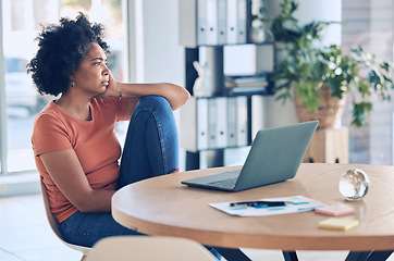 Image showing Tired, burnout and black woman doing work with stress about laptop glitch in a office. Bored, anxiety and thinking of a online trading business employee working on a web and internet project