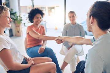 Image showing Welcome, handshake and people in counseling for mental health, coping and stress management with support. Psychology, community and shaking hands by man and woman in group therapy with medical expert