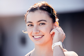 Image showing Fitness, portrait and sports woman using headphones for music, podcast or motivation in running training in Los Angeles. Runner, face and happy girl athlete ready for a workout or exercise in summer