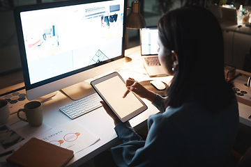 Image showing Night business, woman and tablet mockup, computer planning and digital marketing, web design and seo software, cyber innovation and data in dark office. Working late, website app and blank technology