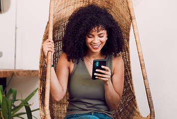 Image showing Black woman, phone and smile for communication, social media and streaming online with wifi in a rustic wood swing chair. Female with a smile, smartphone and happiness during chat on network