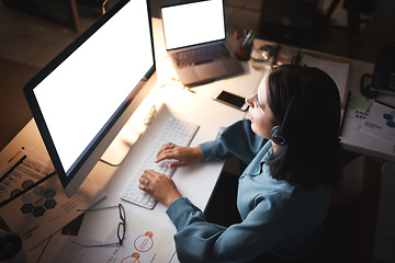 Image showing Blank screen, computer and desk writing with mockup of a laptop monitor and woman coding. Working, planning and work web research of a business employee writing a job email or IT code mock up
