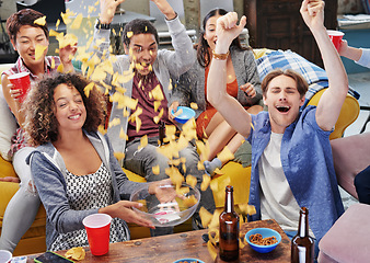 Image showing Sports, fan and friends watching tv with food, chips and snacks in celebration in living room. Cheering, shouting and group of people sitting together to watch soccer game, sport event and football