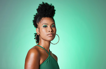 Image showing Black woman, retro beauty and makeup on green background, product placement mockup for advertising and marketing. Portrait of African model in 90s fashion hairstyle for youth, lifestyle and cosmetics