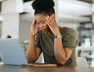 Image showing Stress, headache and black woman with laptop in office tired, exhausted and worry from overworked job. Burnout, mental health and frustrated female employee in pain, stressed from working on computer