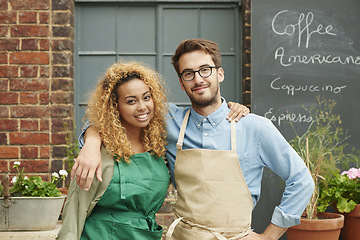 Image showing Small business, collaboration and portrait of employee in cafe for management, startup and teamwork. Restaurant, hipster and support with waiter in coffee shop store for retail, vision and goal