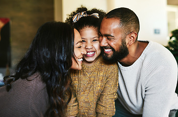 Image showing Black family, love and happiness portrait with a mother, father and child together with a smile, support and hug for gratitude. Man, woman and girl daughter bonding in the lounge while happy at home