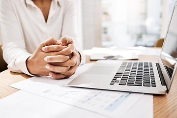 Image showing Hands, laptop and business at the office for decision making, planning or consultation discussion. Hand fold of employee worker on computer work desk for corporate plan or strategy at the workplace