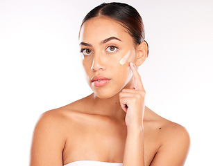 Image showing Woman portrait, sunscreen and face in studio, skincare cream product for natural uv protection and cosmetic wellness. Advertising for beauty facial, cream girl and dermatology spf in mockup studio