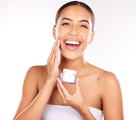 Image showing Skincare, beauty and portrait of woman with face, cream and product in studio for wellness, relax and grooming on white background. Face, skin and facial for skin care cosmetics, dermatology and care