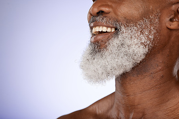 Image showing Face, beard and senior black man in studio isolated on a purple background mockup. Dental, white teeth and happy elderly male model in retirement with good oral hygiene, healthy facial hair and smile