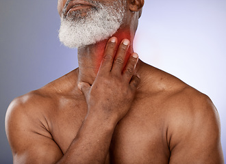 Image showing Black man, mature and sore neck pain on studio background with abstract red glow and 3d special effects. Zoom, middle aged model and hands on injury, body stress crisis and muscle burnout on mock up