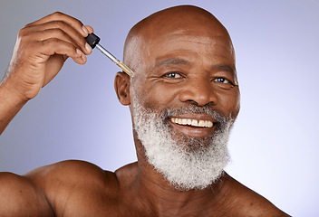 Image showing Skincare, oil and portrait of senior man in studio for healthy skin, wellness and facial grooming. Dermatology, spa and elderly black man with serum, skincare products and liquid for face treatment